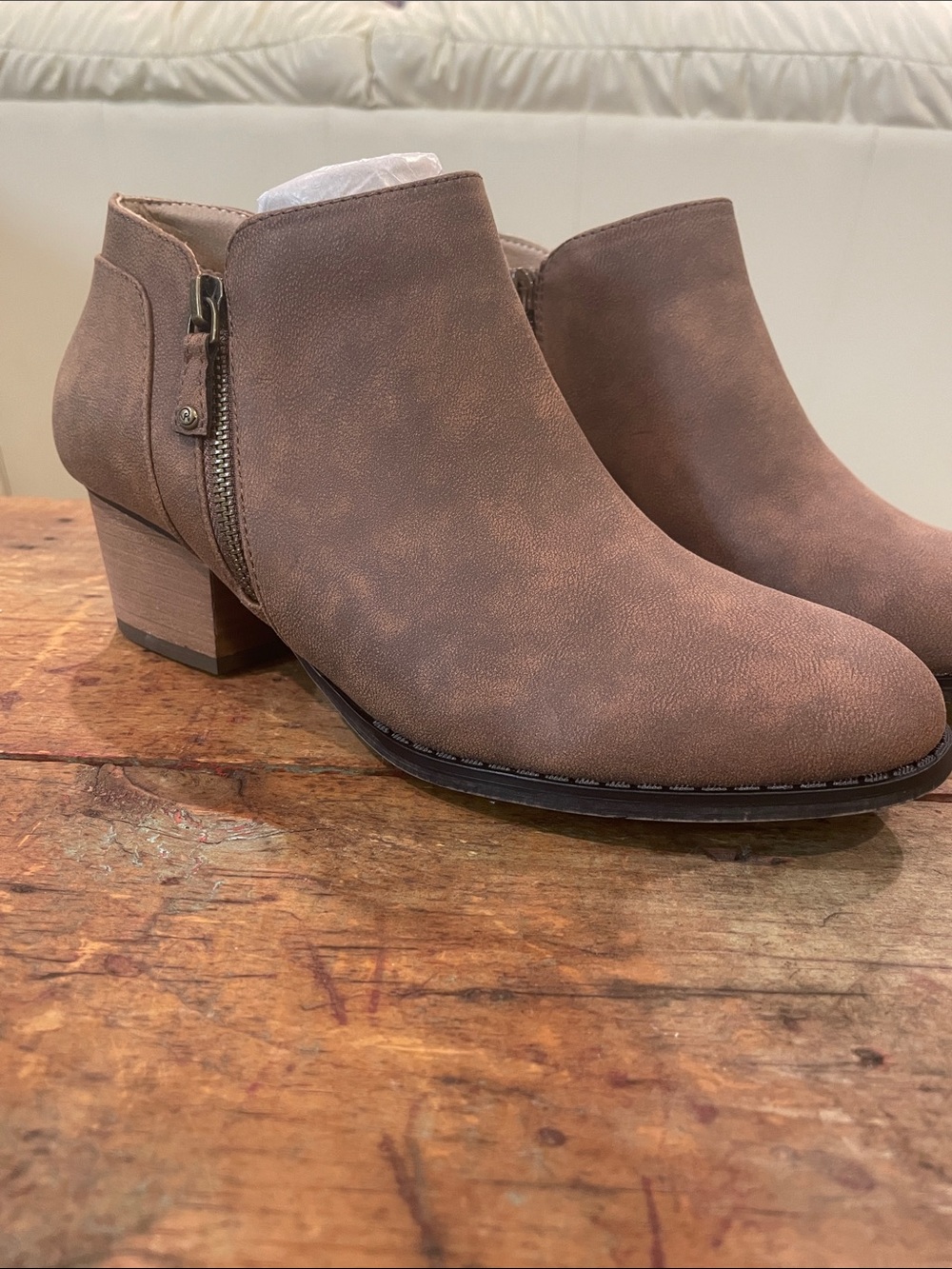 Life Stride Taupe Brown Faux Suede Ankle Booties with Side Zip